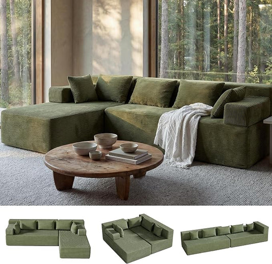 MONVANE 106" Cloud Sectional Couch with L-Shaped Chaise, Modular Sectional Sofa with Deep Seat and Removable Armrests, Comfy Corduroy Boneless Couches for Living Room, No Assembly Required, Green