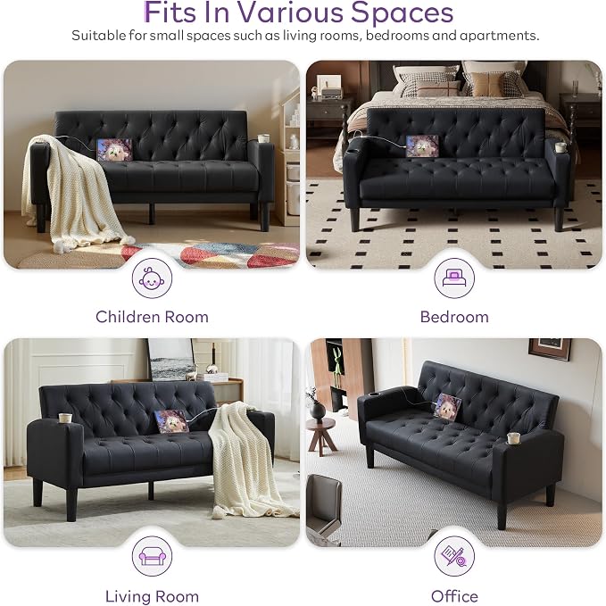 TYBOATLE 62" W Loveseat Sofa w/ 2 USB Charger Ports and 2 Cupholders, Mid-Century Modern Tufted Black Leather Small Love Seat Couches for Compact Living Room, Office, Bedroom, Apartment, Dorm