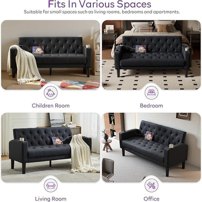 TYBOATLE 62" W Loveseat Sofa w/ 2 USB Charger Ports and 2 Cupholders, Mid-Century Modern Tufted Black Leather Small Love Seat Couches for Compact Living Room, Office, Bedroom, Apartment, Dorm