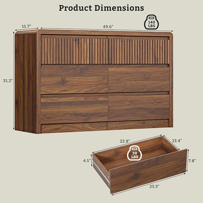 LYNSOM 6 Drawer Dresser for Bedroom, 50" Wide Fluted Dresser with Curved Corners, Wood Dressers & Chests of Drawers with Dual-Panel Design for Bedroom, Entryway, Walnut