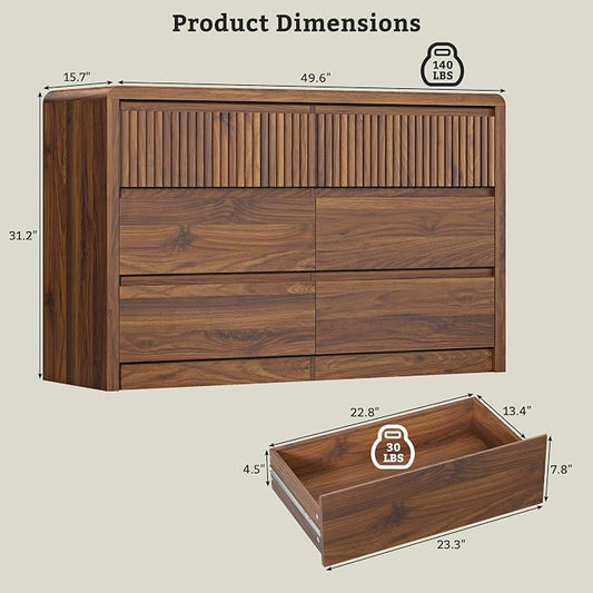LYNSOM 6 Drawer Dresser for Bedroom, 50" Wide Fluted Dresser with Curved Corners, Wood Dressers & Chests of Drawers with Dual-Panel Design for Bedroom, Entryway, Walnut