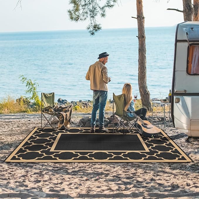 GENIMO Outdoor Rug 8' x 10' Patio Waterproof, Foldable Reversible Plastic Straw Area Rugs Mat for Camper Decor, Outside Carpet for Rv, Deck, Porch, Picnic, Beach, Balcony, Black & Brown