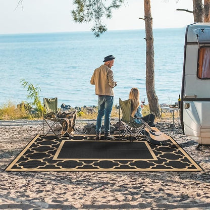 GENIMO Outdoor Rug 8' x 10' Patio Waterproof, Foldable Reversible Plastic Straw Area Rugs Mat for Camper Decor, Outside Carpet for Rv, Deck, Porch, Picnic, Beach, Balcony, Black & Brown