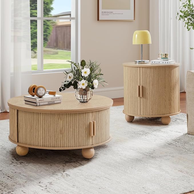 Fluted Round Lift Top Coffee Table with Hidden Storage, 33.5'' Modern Boho Center Table with Sliding Tambour Door & Solid Wood Legs, Circle Coffee Table for Living Room, Small Space, Natural