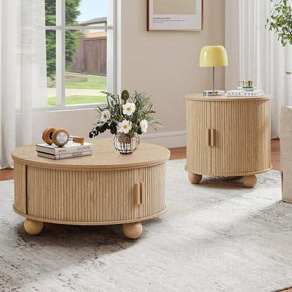 Fluted Round Lift Top Coffee Table with Hidden Storage, 33.5'' Modern Boho Center Table with Sliding Tambour Door & Solid Wood Legs, Circle Coffee Table for Living Room, Small Space, Natural