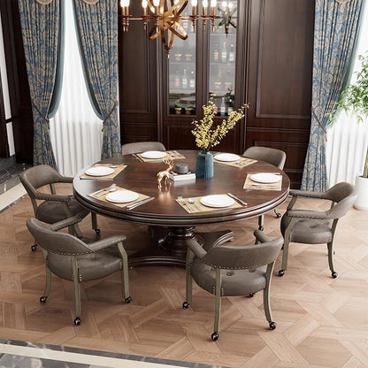 LEEMTORIG Set of 2 Dining Chairs with Casters and Arms, Rolling Dining Chairs with Wheels for Elderly, Ergonomic Wide Seat Wooden Office Desk Chairs, 26"D x 25.2"W, Grey Legs & Dark Brown SY-1318-DK