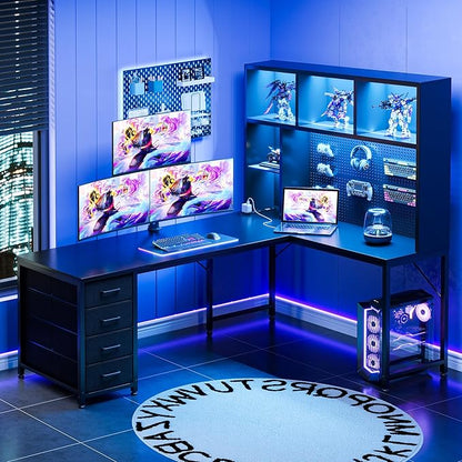 AODK 63" L Shaped Gaming Desk with Hutch, Pegboard & Shelves, L Shaped Desk with 4 Drawers, Integrated LED Light Strip & Power Outlets, Reversible PC Gaming Computer Desk, Black