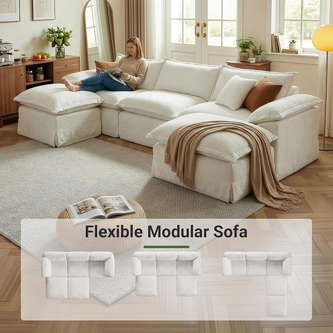 Claiks 123" Modular Boneless Couch, U Shaped Couch for Living Room, Modern Deep Seat Sofa 3 Seater Chenille Fabric Comfy Cloud Couches with Movable Ottoman, Beige