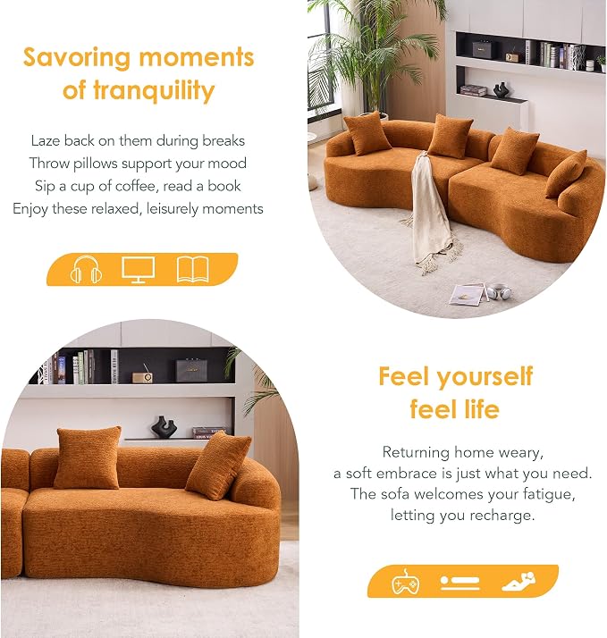 110.2" Curved Sectional Sofa,Luxury Wood Grain Chenille Fabric, Oversized Sectional Sofa,Compression Curved Couch for Living Room,No Assembly Needed (Orange, 110.2 Inch)