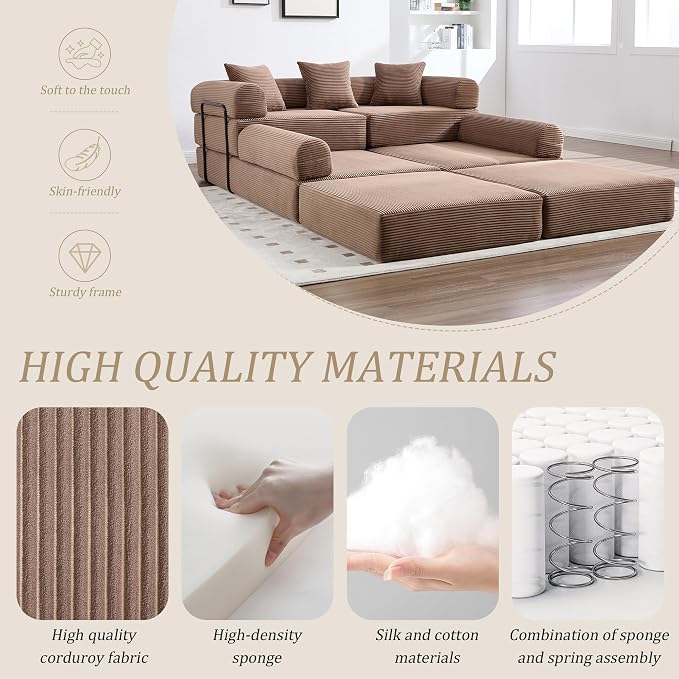 106" Oversized Convertible Sleeper Sofa Bed, Corduroy L Shape Sectional Couch, Folding Sofa Bed with Side Pocket, Modern Cloud Floor Mattress Couch, Modular Sofa for Living Room, Brown