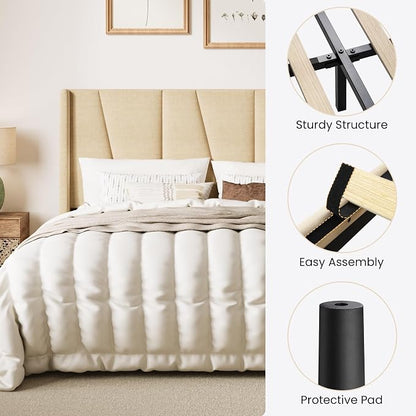 SHA CERLIN Full Size Bed Frame with Geometric Wingback Headboard, Upholstered Platform Bed with Wooden Slats Support, 8" Under-Bed Space, No Box Spring Needed, Easy Assembly, Beige