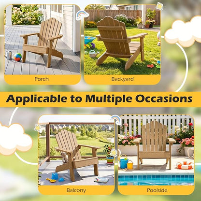 Costzon Kids Adirondack Chair, All-Weather HIPS Toddler Outdoor Chair, Wooden Textured Plastic Fire Pit Chair, Kids Patio Chair for Backyard Lawn Garden, Fits Children Age 3-7 Years (1, Teak)