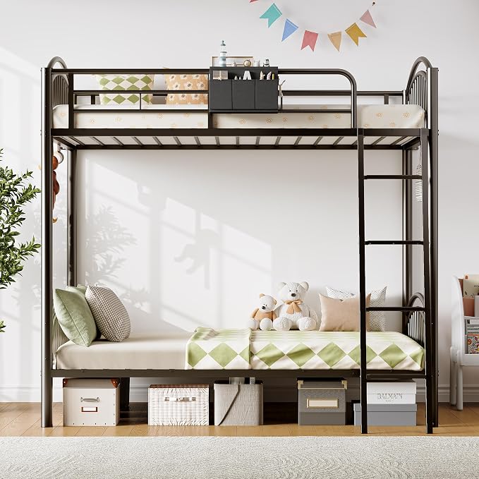 Decofy Metal Bunk Bed Twin Over Twin with Storage Bag, 2 Twin Size Beds with Safety Guard Rails and Anti-tip Nails for Teenager，Girls or Boys （Black） | Convertible Ladder