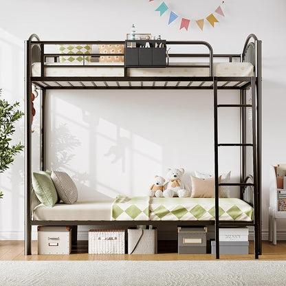 Decofy Metal Bunk Bed Twin Over Twin with Storage Bag, 2 Twin Size Beds with Safety Guard Rails and Anti-tip Nails for Teenager，Girls or Boys （Black） | Convertible Ladder