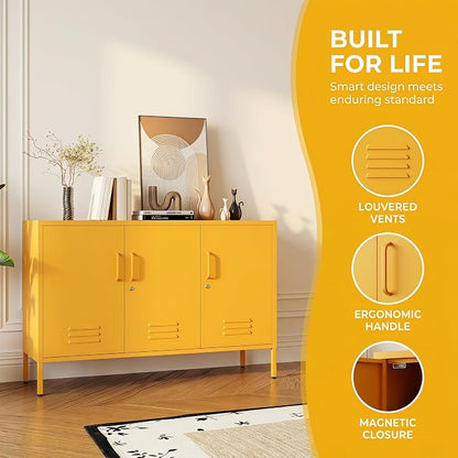 Yellow Metal Storage Cabinet 3 Door Wide Metal Storage Cabinet 2 Layer Adjustable Shelves 32 "H Wide Steel Lockable Storage Cabinet Multipurpose Metal Accent Cabinet for Office/Home/Dining
