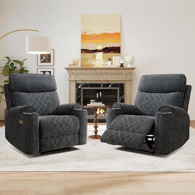 HAOMARKETS Electric Recliner Chair Set of 2, Soft Fabric Power Recliners with Metal Cup Holders, Single Overstuffed Heavy Duty Reclining Sofa Chairs for Living Room Bedroom, Dark Grey