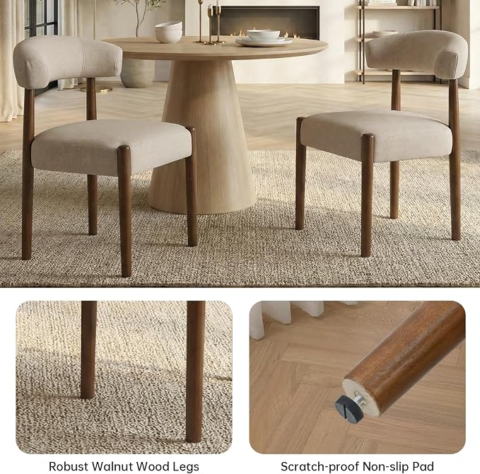 VKNOW Wooden Dining Chairs Set of 6, Modern Upholstered Dining Room Chairs with Walnut Wood Legs and Curved Backrest, Fabric Kitchen Chairs for Farmhouse/Living Room/Dining Room, Beige
