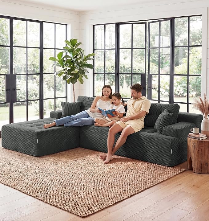 Hobestluk Modular Sectional Sofa Couches L-Shape Couch 3 Seat Modular Sofa Memory Foam Sectional Couches for Living Room, Cloud Couch with Oversized Chaise (Charcoal Corduroy, 108", Left Hand Facing)