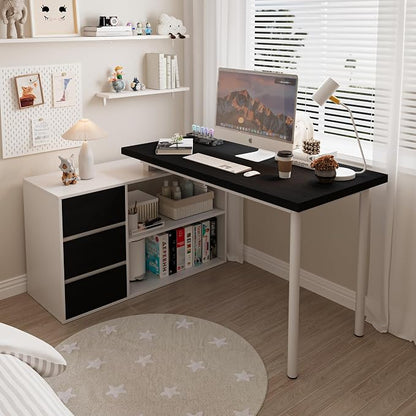 Bobve L Shaped Computer Desk, 47 Inch Home Office Desk with File Drawers & Storage Shelves, Small Corner Computer Desk for Small Space (White+Black)