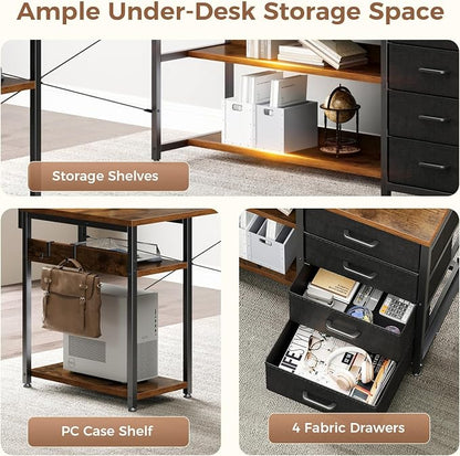 AODK 69" L Shaped Desk with Drawer, Computer Desk with Power Outlets & LED Lights, Reversible Corner Gaming Desks for Home Office Workstation, Office Table with Monitor Shelf, Vintage