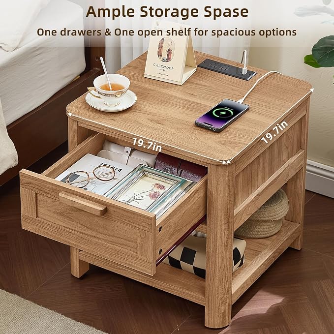 Joaxswe Farmhouse Night Stand Set of 2 with Charging Station, Wood Bed Side Tables Bedroom Set of 2 with Drawer & Open Storage Shelf, Brown