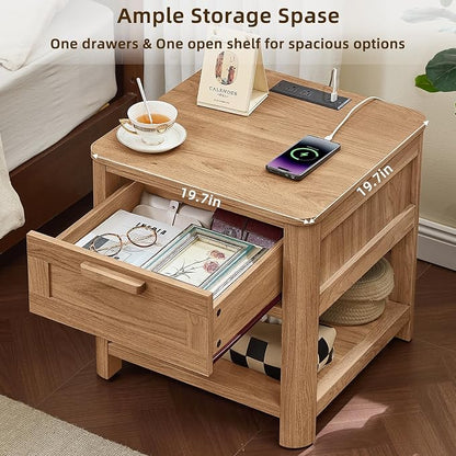 Joaxswe Farmhouse Night Stand Set of 2 with Charging Station, Wood Bed Side Tables Bedroom Set of 2 with Drawer & Open Storage Shelf, Brown