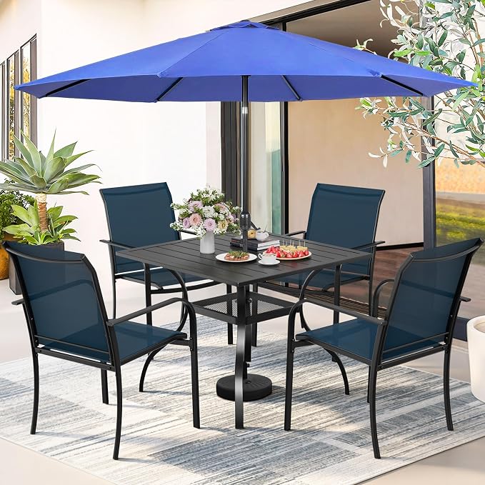 SUNCROWN 6 - Piece Outdoor Dining Set, Patio Furniture Set with 4 Textilene Dinning Chairs, 1 Steel Slat Metal Bistro Table and 1 Dark Blue 9Ft Patio Umbrella for Lawn Garden Backyard Deck, Dark Blue