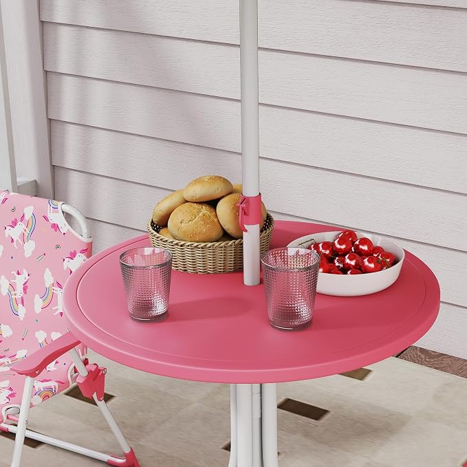 Qaba Kids Picnic Table and Chair Set, Outdoor Activity Table with Foldable Chairs, Removable Umbrella, Unicorn and Rainbow Pattern Toddler Patio Furniture for Backyard, Garden, Pink