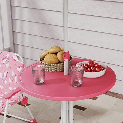Qaba Kids Picnic Table and Chair Set, Outdoor Activity Table with Foldable Chairs, Removable Umbrella, Unicorn and Rainbow Pattern Toddler Patio Furniture for Backyard, Garden, Pink