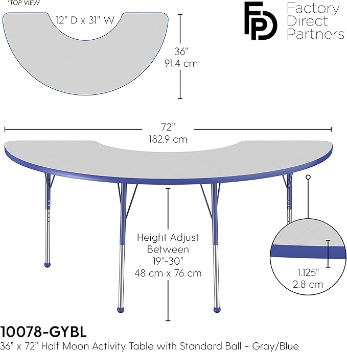 FDP Half Moon Activity School and Office Table (36 x 72 inch), Standard Legs with Ball Glides for Collaborative Seating Environments, Adjustable Height 19-30 inches - Gray Top and Blue Edge