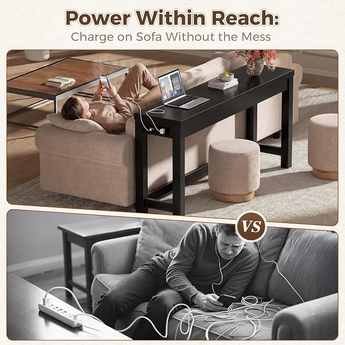 Cyclysio 63" Console Table with Charging Station, 13.8" Deep Farmhouse Sofa Table Behind Couch with 2 AC Outlets & 3 USB Ports, Long Entryway TV Console or Home Office Desk, Black