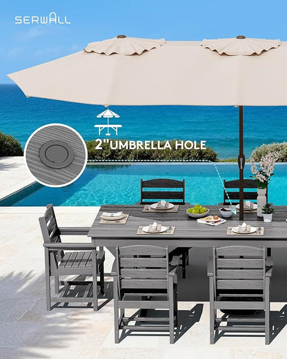 SERWALL 9 Piece 84" HDPE Outdoor Dining Set for 8 with Armchairs and Umbrella Hole, Gray