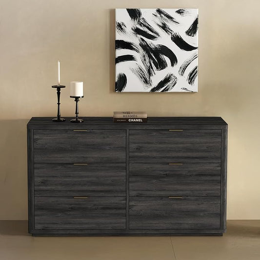 Manhattan Comfort Evelyn 60" Wide Modern Wood Dresser with 6 Drawers, Premium Storage Drawers with Rounded Edges and Brushed Gold Handles, Versatile Home Furniture, Charcoal Gray