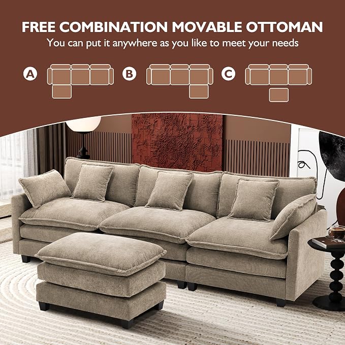 Ihanherry 111.4" L Shaped Modern Sofa Modular Sectional Luxurious and Comfortable with Ottoman, 4-Seat Chenille Deep Seat Sofa with Pillow for Living Room, Bedroom and Apartment, Sand