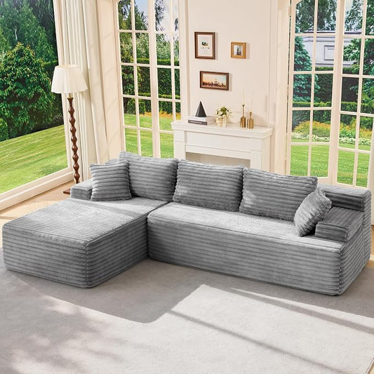 Hobestluk Boneless Couch Modular Sectional Sofa L-Shape Oversized Chaise | 108" Left Facing Chaise Pale Gray,Memory Foam,Removable Cover,Non-slip Bottom,No Assemble Required,Living Room Furniture