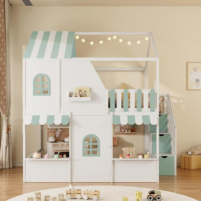 Merax Full Over Full Wood House Bunk Bed Frame with Storage Staircase & Shelves, Modern Low Bunk Bed with Solid Slats, Guardrail, No Box Spring Required, Easy Assembly,Playhouse Design,White+Green