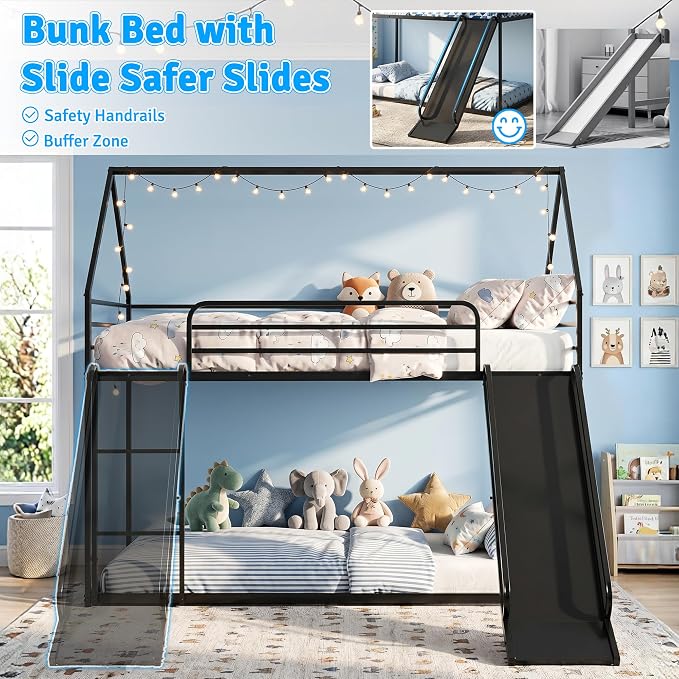 Bunk Bed with Slide, Twin Over Twin Bunk Bed with Ladder and Guardrail, Space Saving & Heavy Duty House Loft Bed for Kids, No Box Spring Needed(Black)