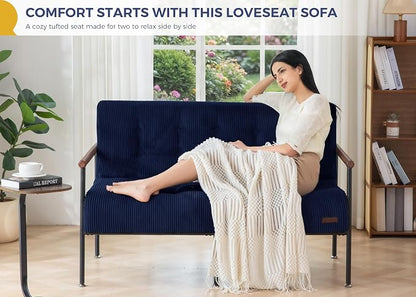 MAXYOYO Living Room Accent Chair, Loveseat Sofa Chair with Sturdy Metal Frame & Wood Armrests, Button Tufted Upholstered Small Couch Modern Love Seat for Bedroom Office, Navy