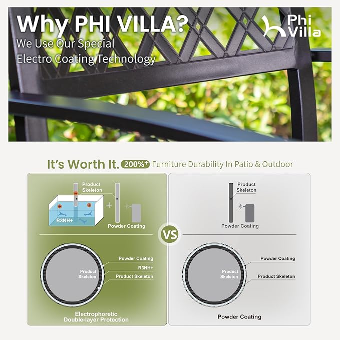 PHI VILLA 5 Pieces Outdoor Dining Set for 4, 37” Black Square Metal Table with Umbrella Hole & Stackable Wrought Iron Chairs, Outdoor Table and Chairs for Patio, Deck, Yard, Porch