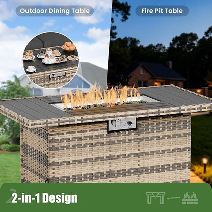 UDPATIO Patio Furniture Set with Fire Pit Table, 8 Inch Armrest Outdoor Sectional Sofas, 5 Piece All-Weather Wicker Conversation for Garden, Backyard