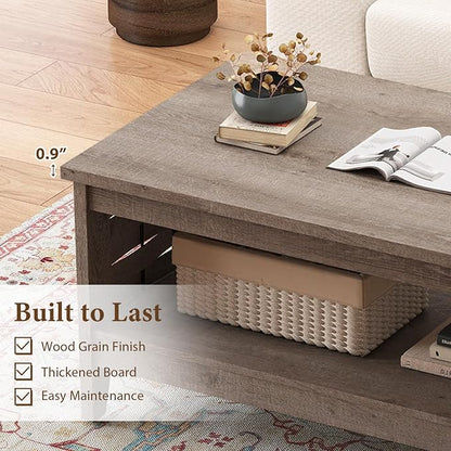 Giantex Farmhouse Coffee Table, 2-Tier Center Table with Storage Open Shelf & Woven Slatted Design, 39.5" Rectangular Accent Cocktail Table, Wood Coffee Tables for Living Room (Rustic Oak)