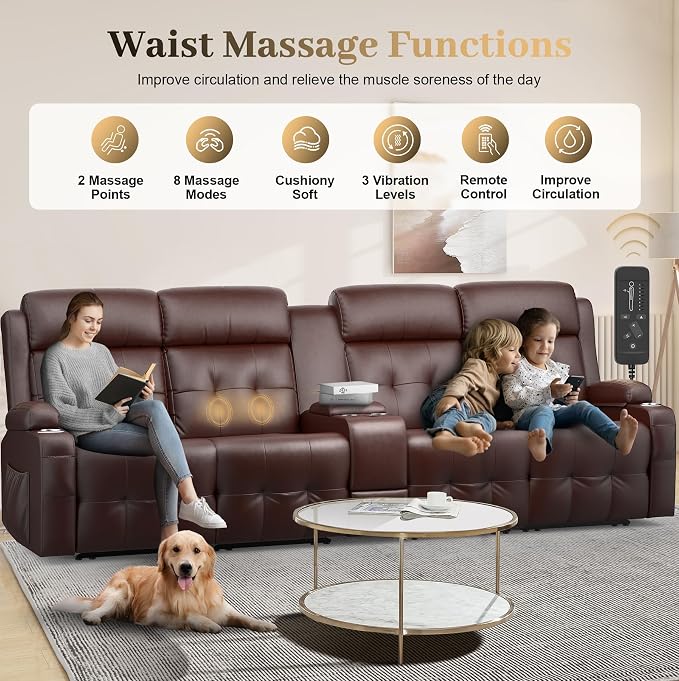 Recliner Sofa, 4 Seater Massage Reclining Loveseat Sofa Sets, 2 Single Power Recliner Chairs Heat & Massage, Heavy Weight Capacity, RV Clearance Love Seat Couch with Console, USB, Type C Port