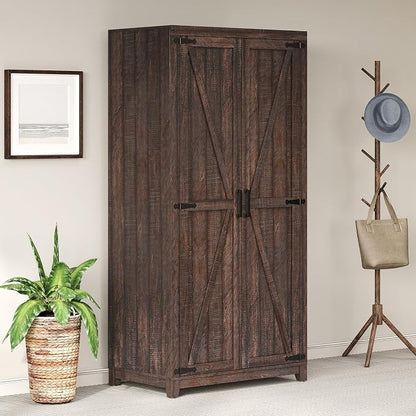LUXOAK 70" Large Armoire Wardrobe Closet with Hanging Rod, Farmhouse Clothing Storage Cabinet with 2 Barn Doors, Wooden Tall Bedroom Armoires with Shelf, Espresso