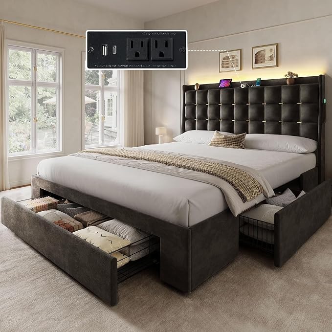 YITAHOME Queen Size Bed Frame with 3 Storage Drawers and RGB LED Lights, Velvet Upholstered Bed with Charging Station and Storage Headboard, No Box Spring Needed, Easy Assembly, Noise-Free, Grey