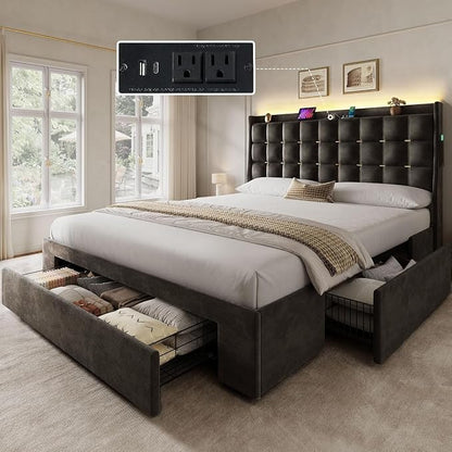 YITAHOME Queen Size Bed Frame with 3 Storage Drawers and RGB LED Lights, Velvet Upholstered Bed with Charging Station and Storage Headboard, No Box Spring Needed, Easy Assembly, Noise-Free, Grey
