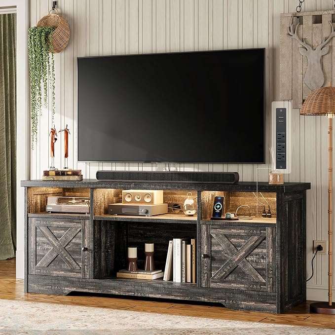 Casaottima TV Stand for 65 Inch TV, Farmhouse Entertainment Center with Power Outlet & LED Light and Storage Cabinets, Console Table and Media Furniture for Living Room Bedroom, Dark Oak