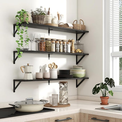 Axeman 40 Inch Floating Shelves, 8'' Deep Black Wall Shelves Set of 2, Rustic Wood Bookshelf, Floating Shelves for Bathroom Living Room Home Office Kitchen