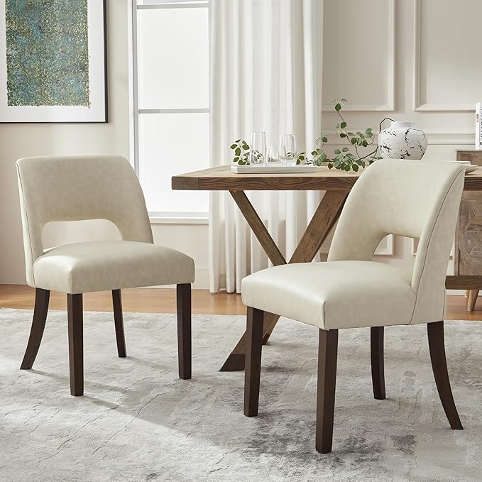 VKNOW Modern Dining Chairs Set of 6 with Rubberwood Legs, Beige | Faux Leather, Curved Back, For family, Kitchen Dining RoomRestaurant Reception Room, No wobble, 80% pre-installed