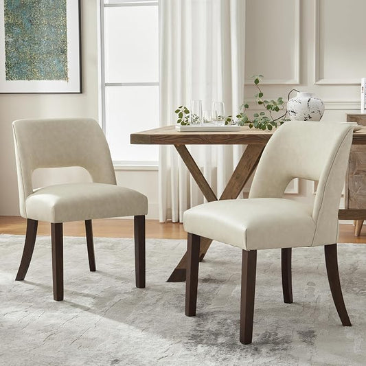 VKNOW Modern Dining Chairs Set of 2 with Rubberwood Legs, Beige | Faux Leather, Curved Back, For family, Kitchen Dining RoomRestaurant Reception Room, No wobble, 80% pre-installed