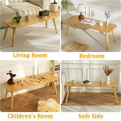 Baveke Folding Coffee Table- Foldable Floor Tables, Mid Century Coffee Table for Living Room, Small Coffee Tables Solid Wood Japanese Low Table for Sitting on Floor, No Assembly, 47.2''-Natural
